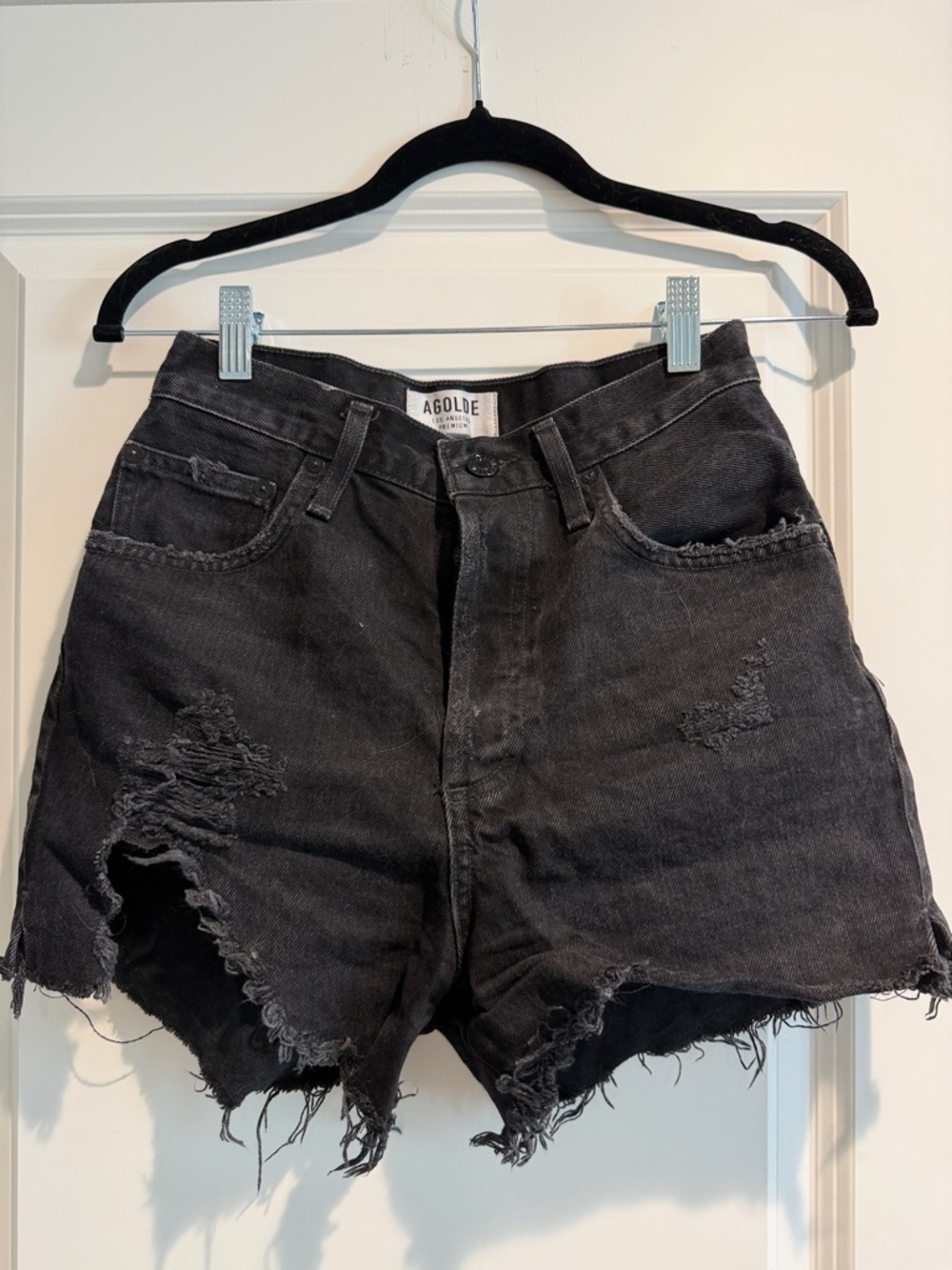 Agolde Black Distressed High-Rise Denim Shorts